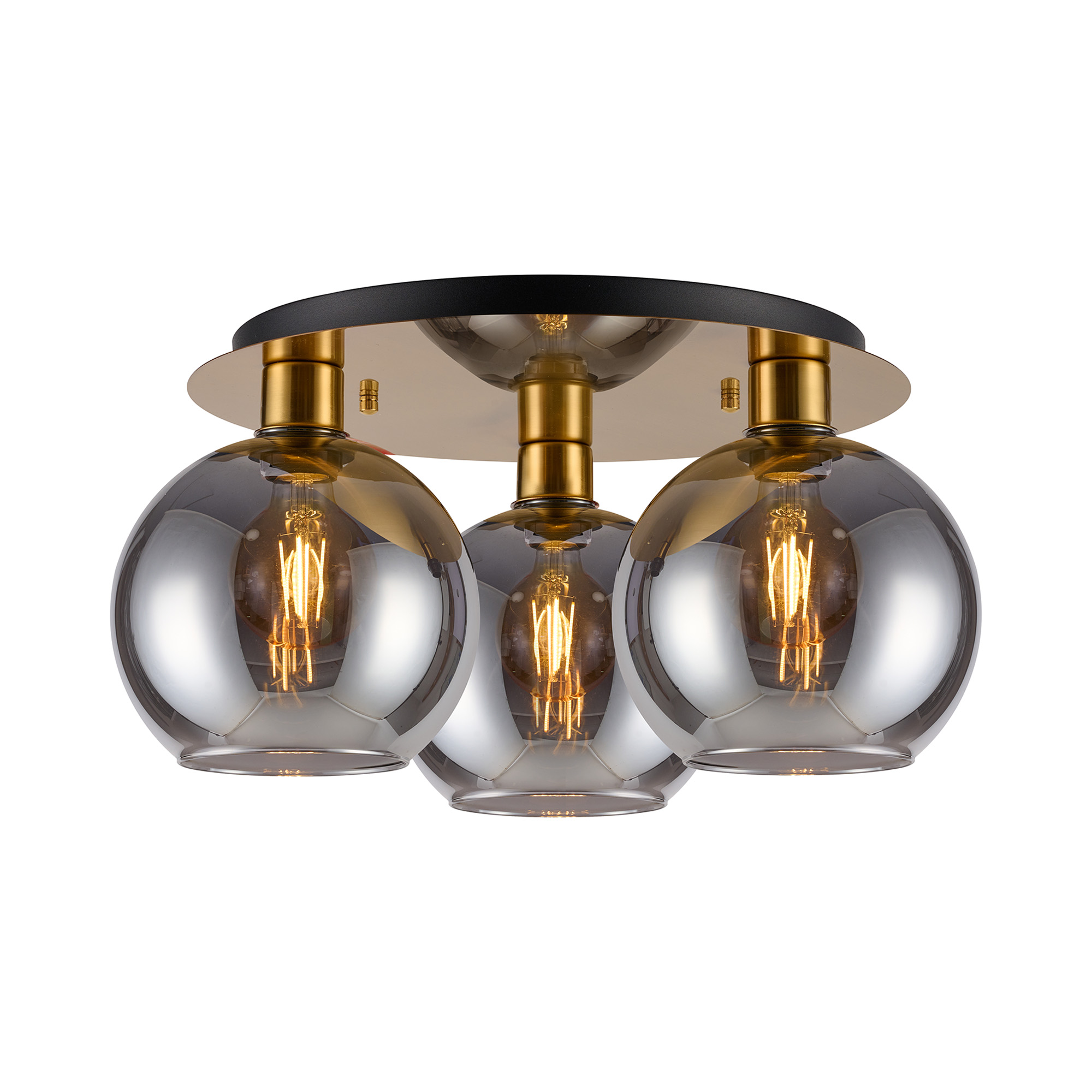 DK1251  Lori 40cm Round Ceiling Flush, 3 Light Flush Fitting, Antique Gold/Smoke Open Mouth Round Globe Shades